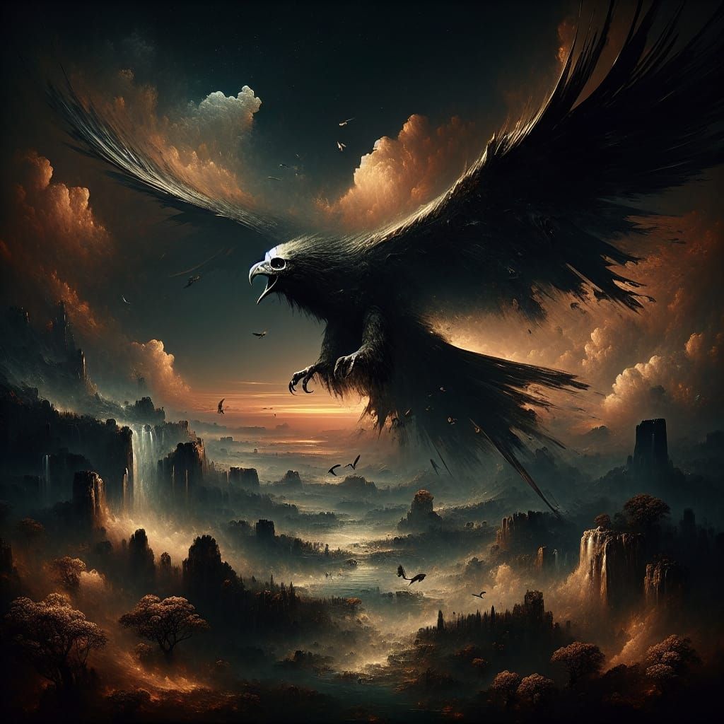 Mysterious Eagle Soars Over Ancient Landscape in Dark Fantas...