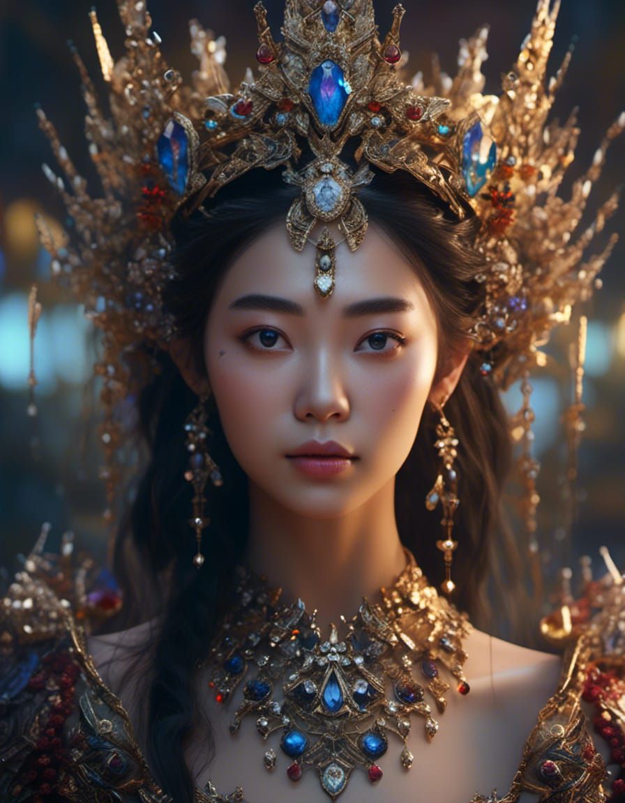Young Asian Queen with Diamond Crown in Hyperreal Style