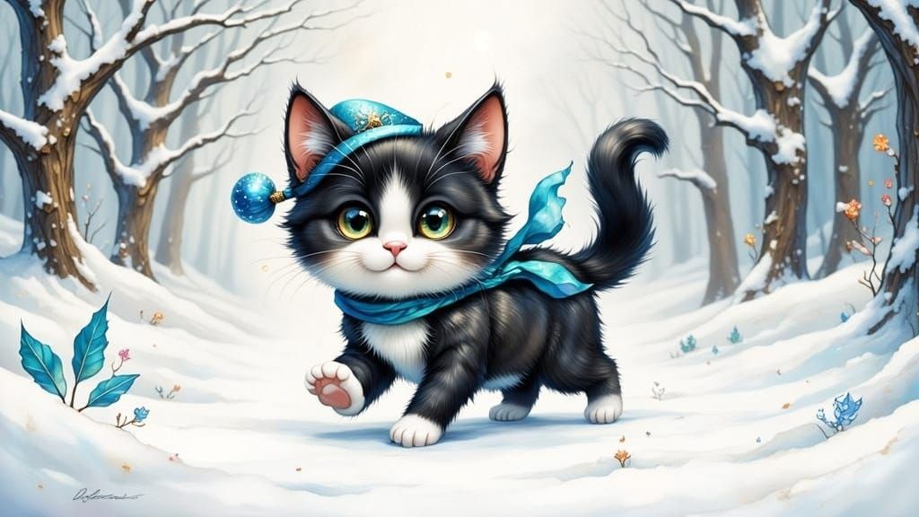 Whimsical Cat Adorns Self in Winter Wonderland