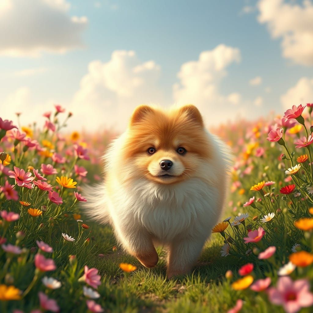 Pomeranian Puppy Strolls Through Enchanted Wildflower Meadow