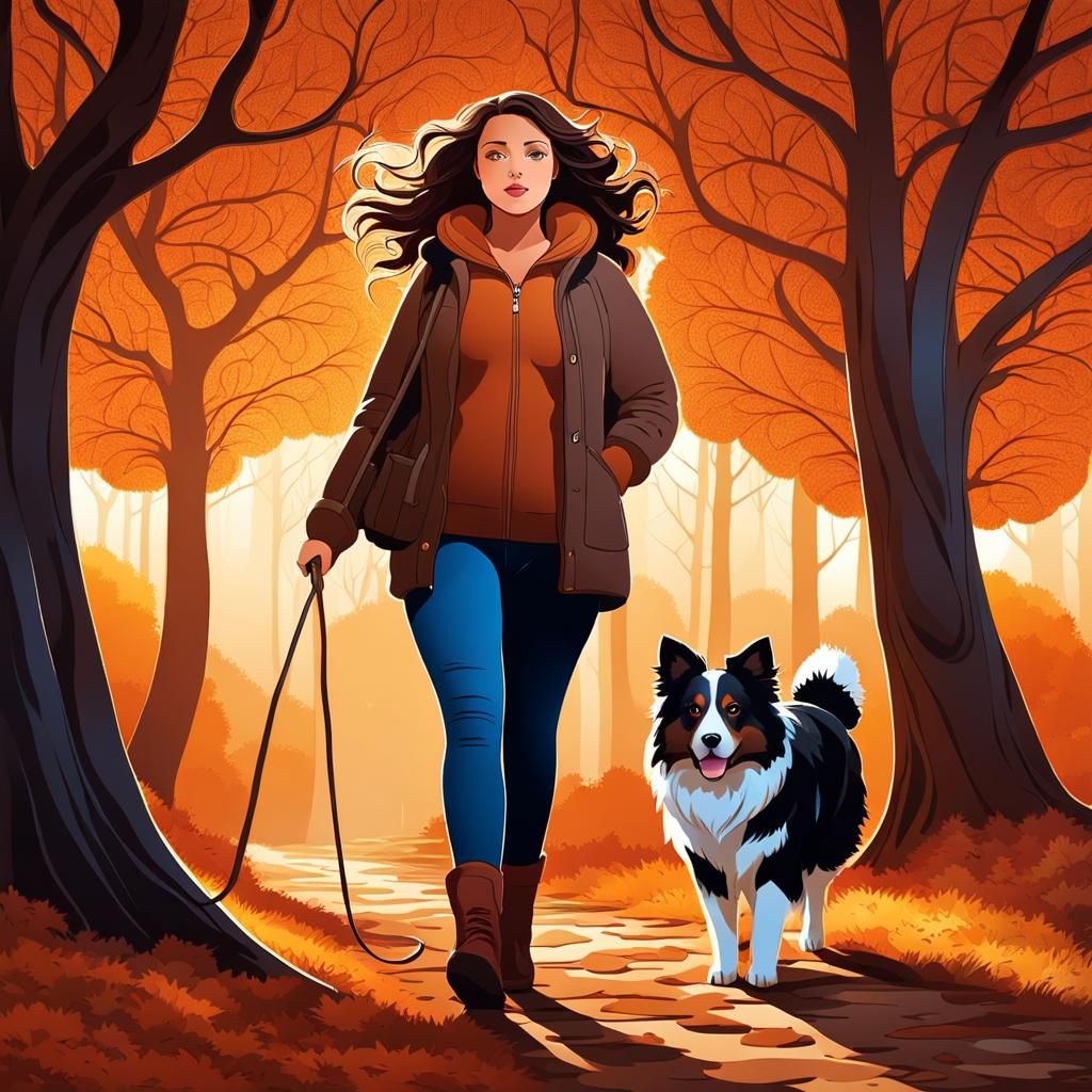 Girl with Dog Walking in Autumn Dawn