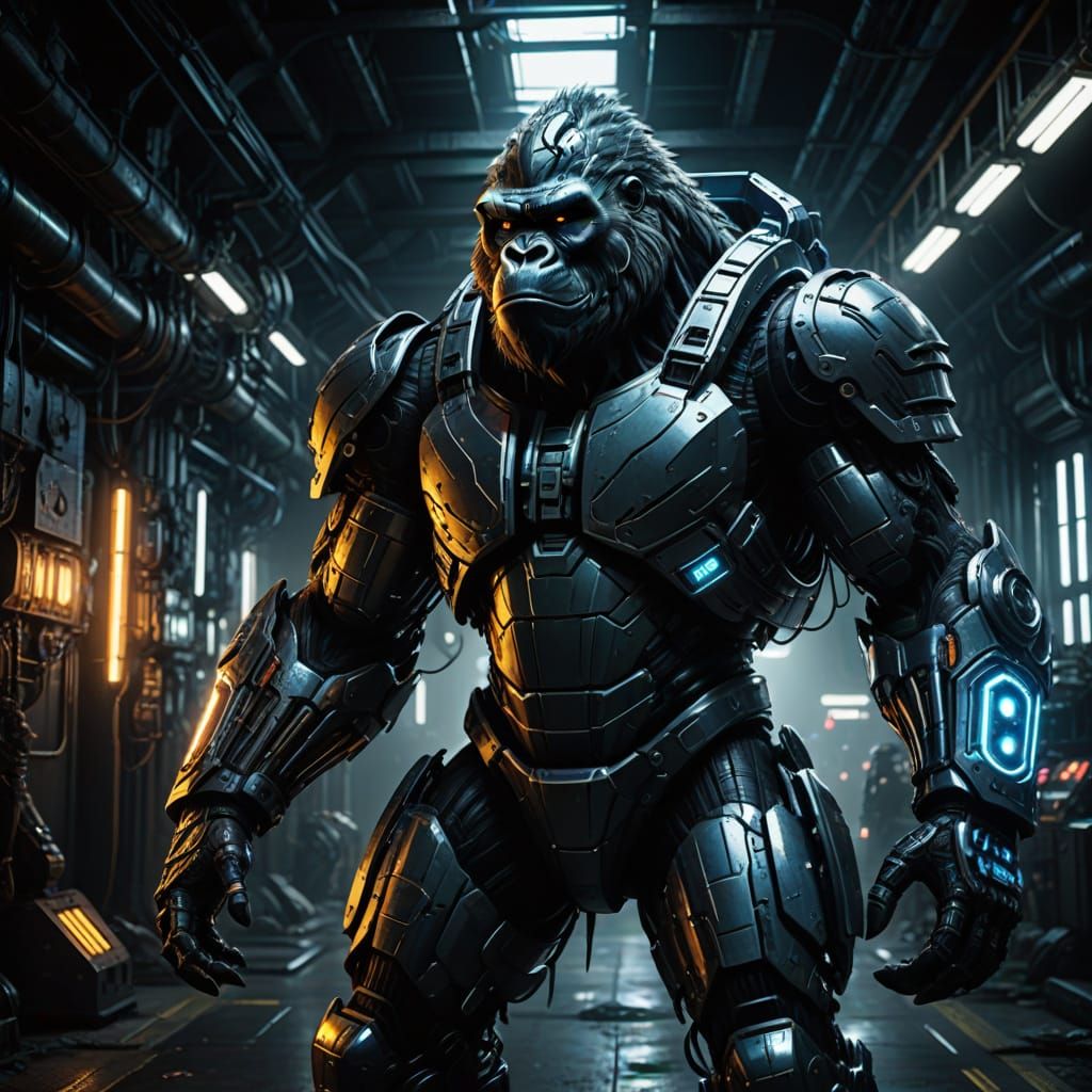 Cybernetic Gorilla Warrior in Industrial Battleground