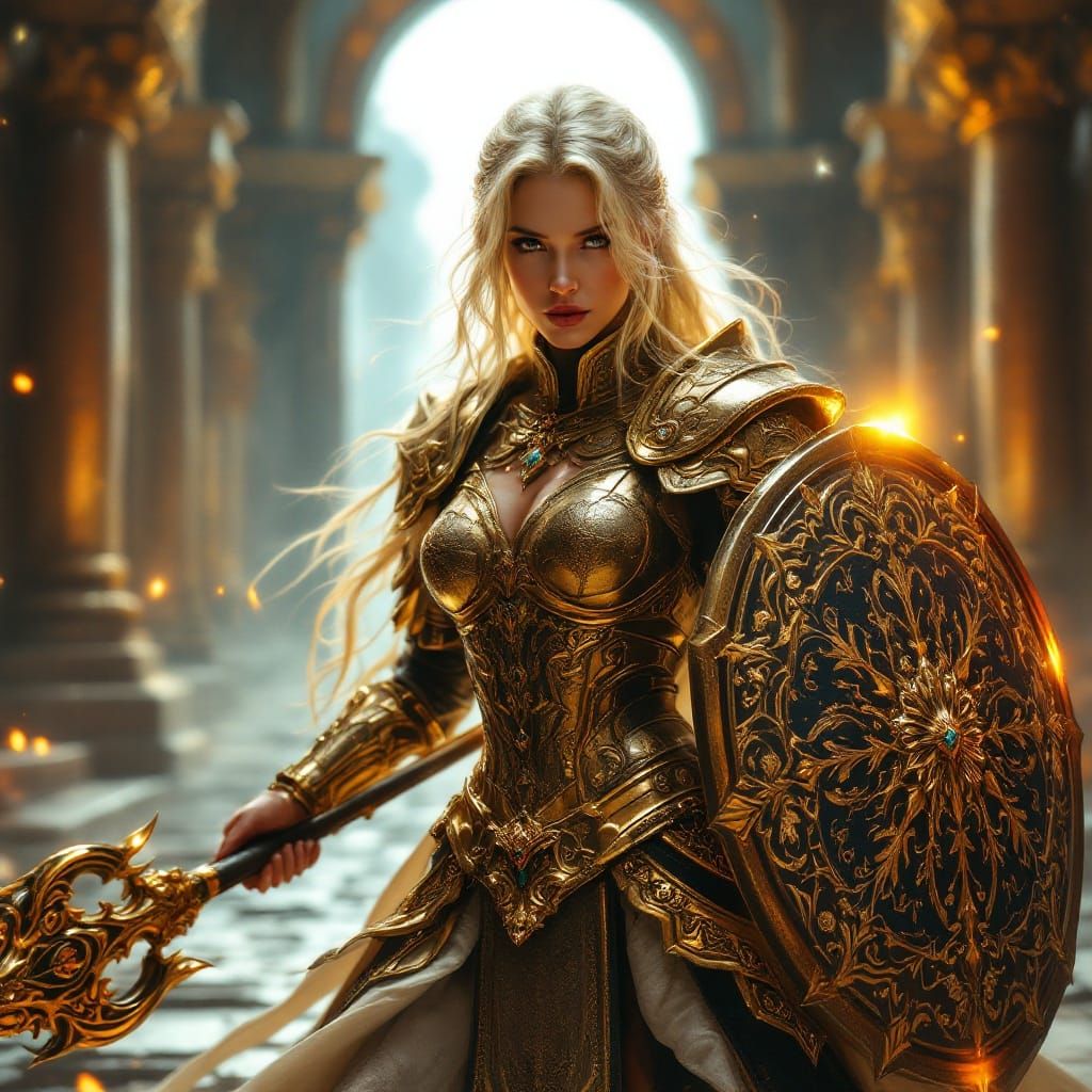 Majestic Blonde-Haired Cleric Warrior in Rococo-Gold Plate A...