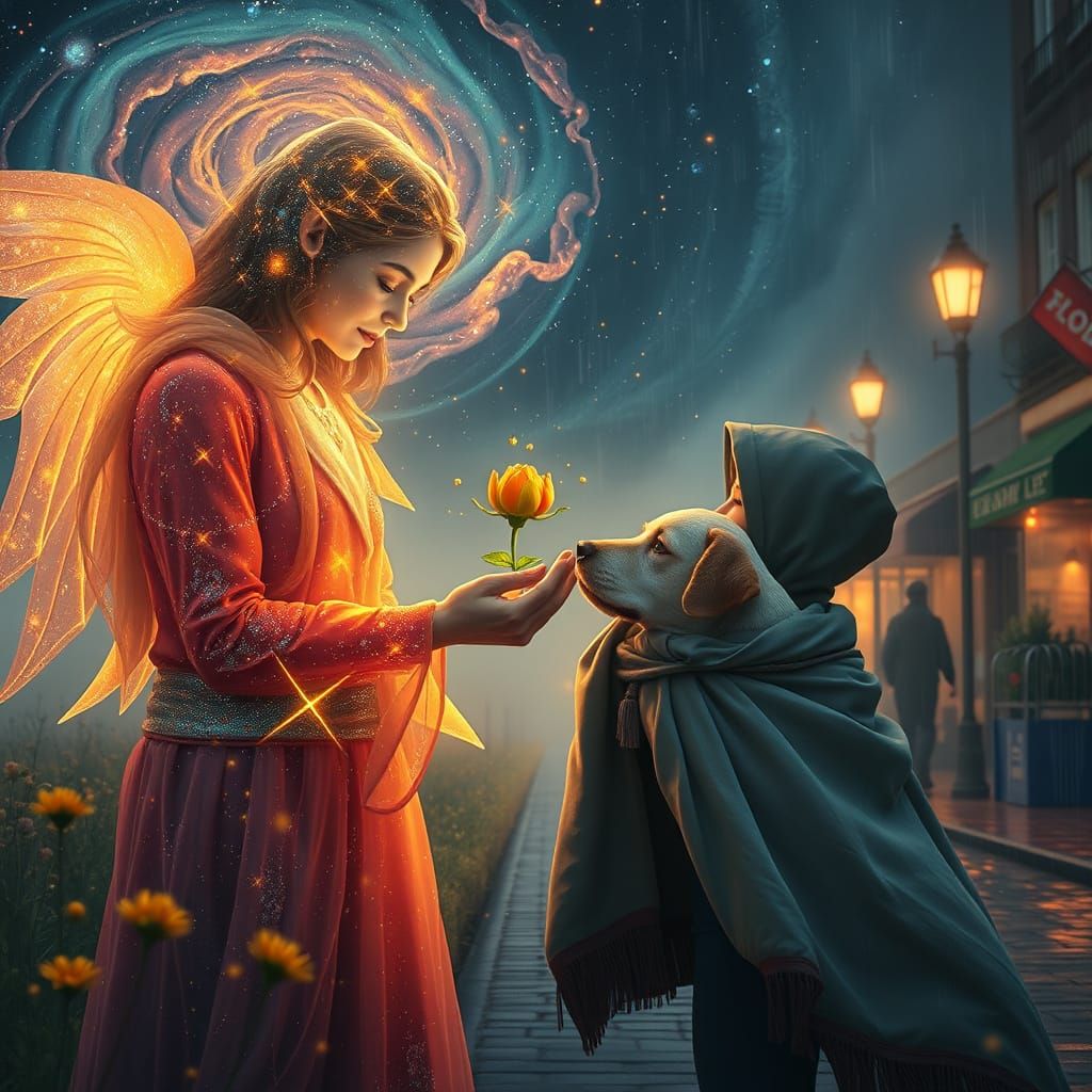 Celestial Being Revives Flower Amidst Cosmic Vortex