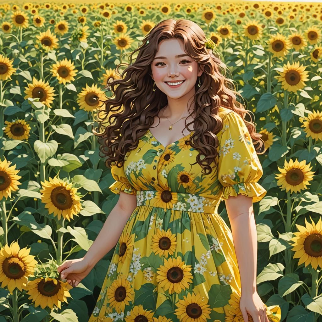 Radiant Anime Portrait of Woman in Sunflower Field