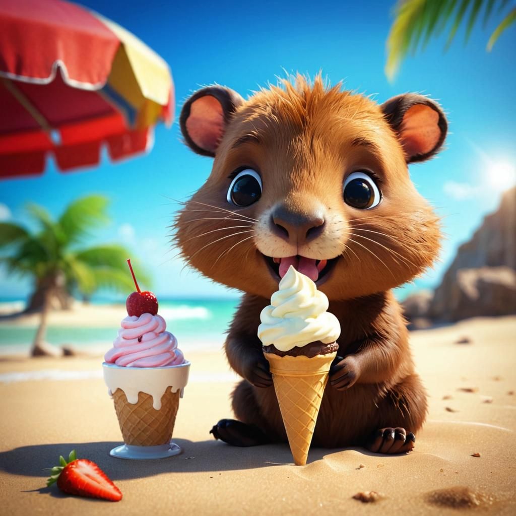 Chibi Capybara on Beach, 3D Render