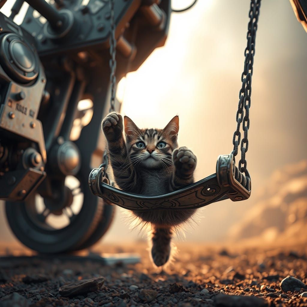 Epic Sci-Fi Cat Plays in a Futuristic Swing