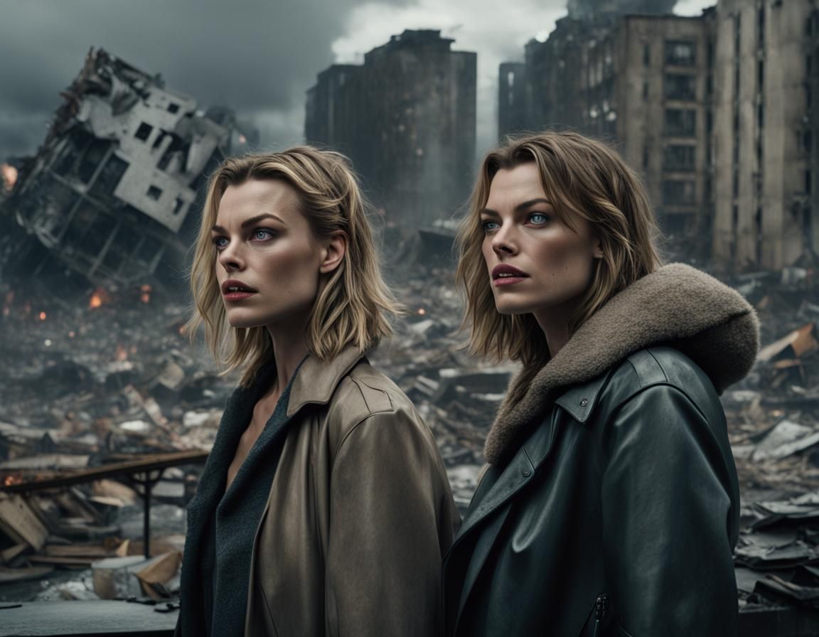 Realistic Movie Scene: Women Watch Destroyed City