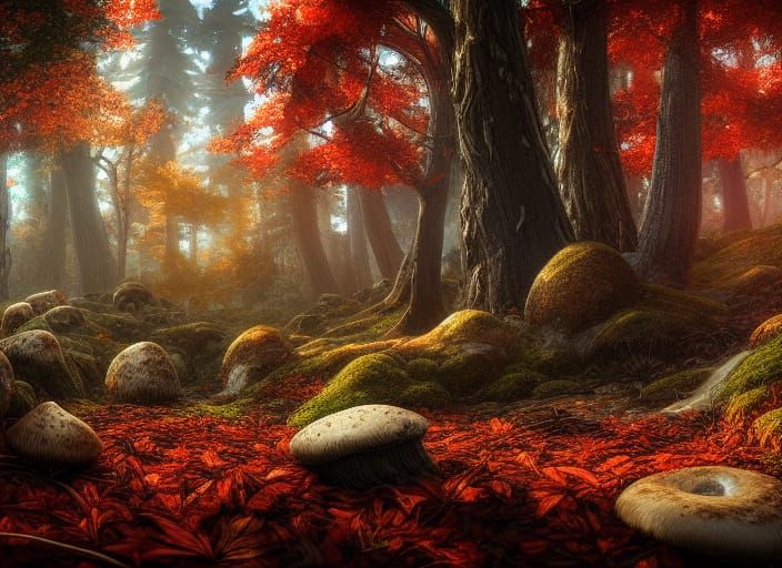 Hyperrealistic Autumn Mushroom Forest Landscape