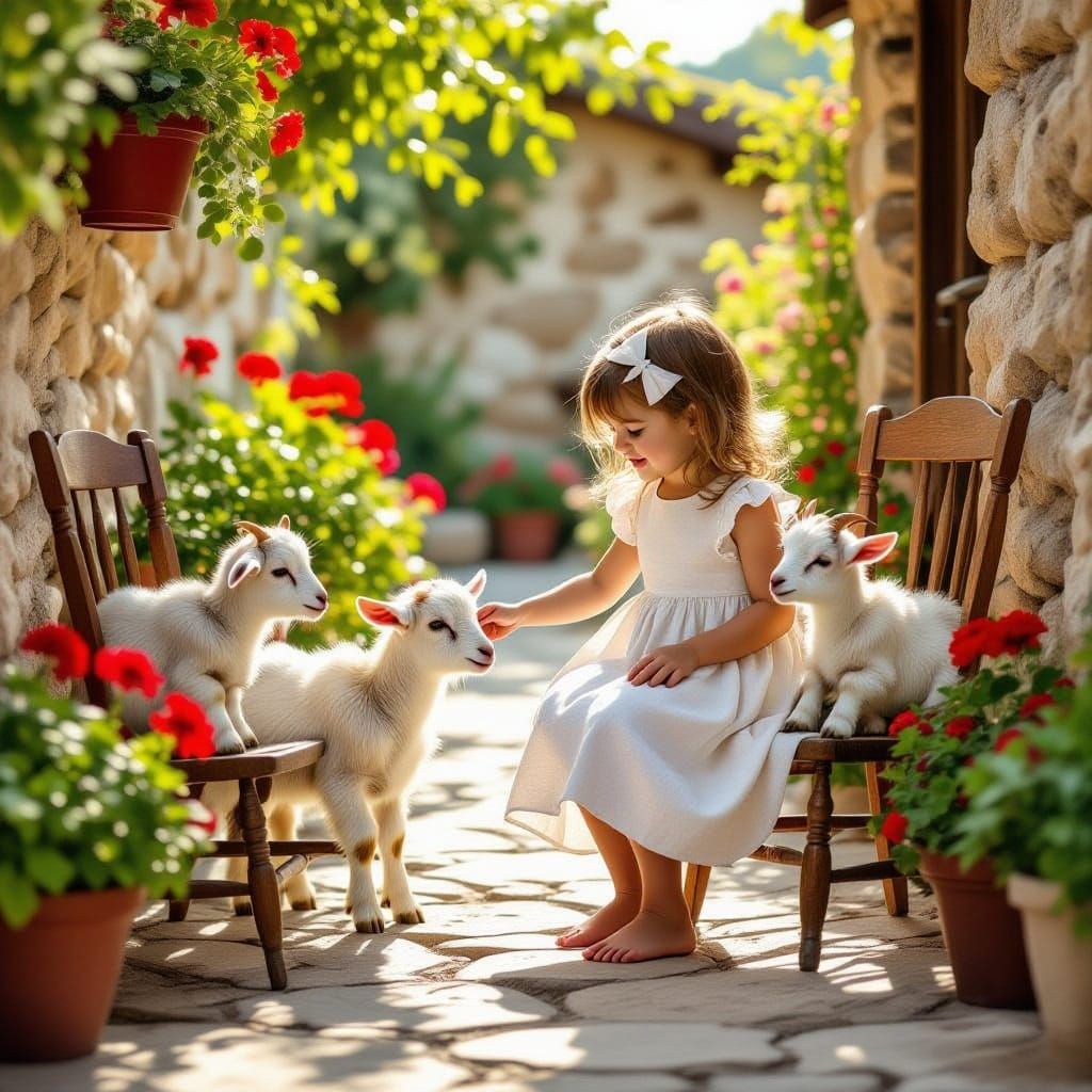 Girl and Goats in Sunlit Farmhouse Scene
