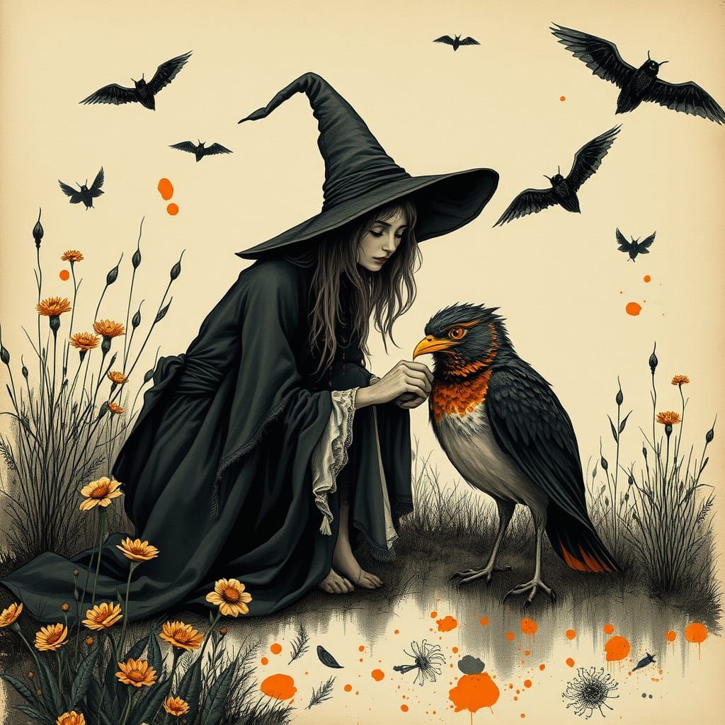 Dark Fairytale Witch and Lost Bird