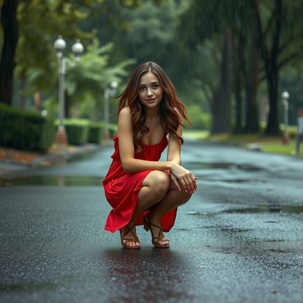 Woman in Red Dress Dancing in the Rain