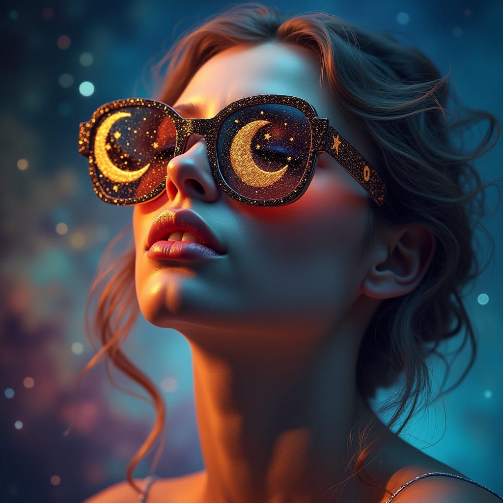 Model in Sunglasses with Cosmic Nebula Background