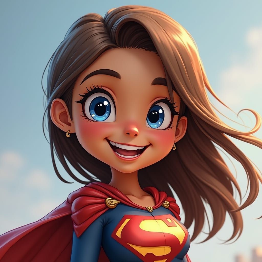 Tiny Adult Superhero with Long Brown Hair and Blue Eyes