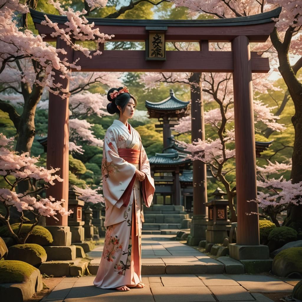 Serene Shinto Priestess at Temple Gate