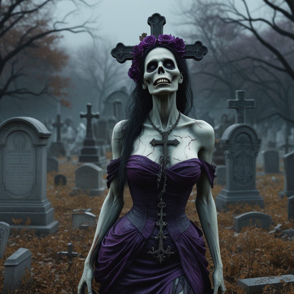 Grotesque Undead Woman Amidst a Forsaken Cemetery
