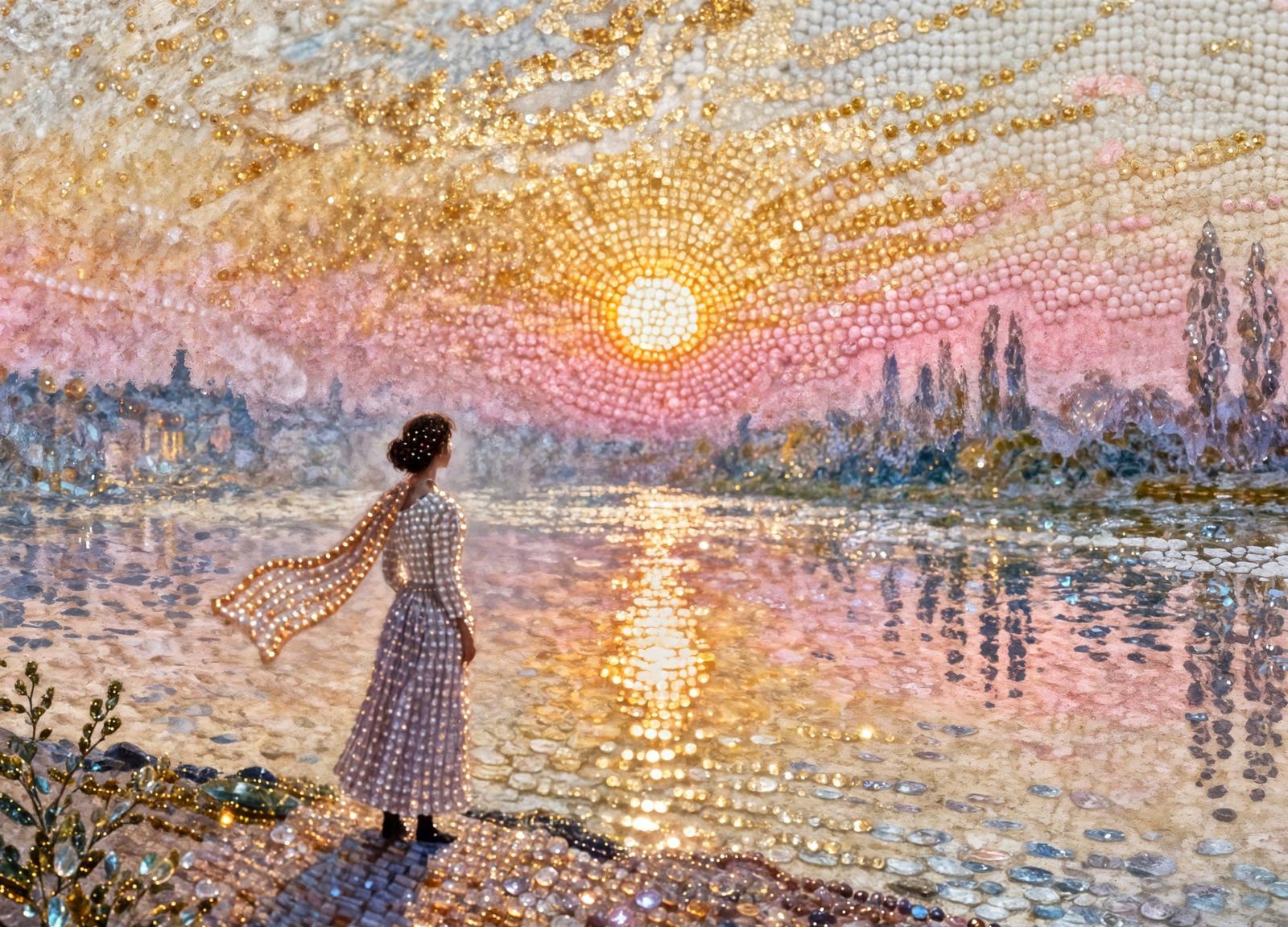 Monet-Inspired Sunrise Over Seine in Beadwork