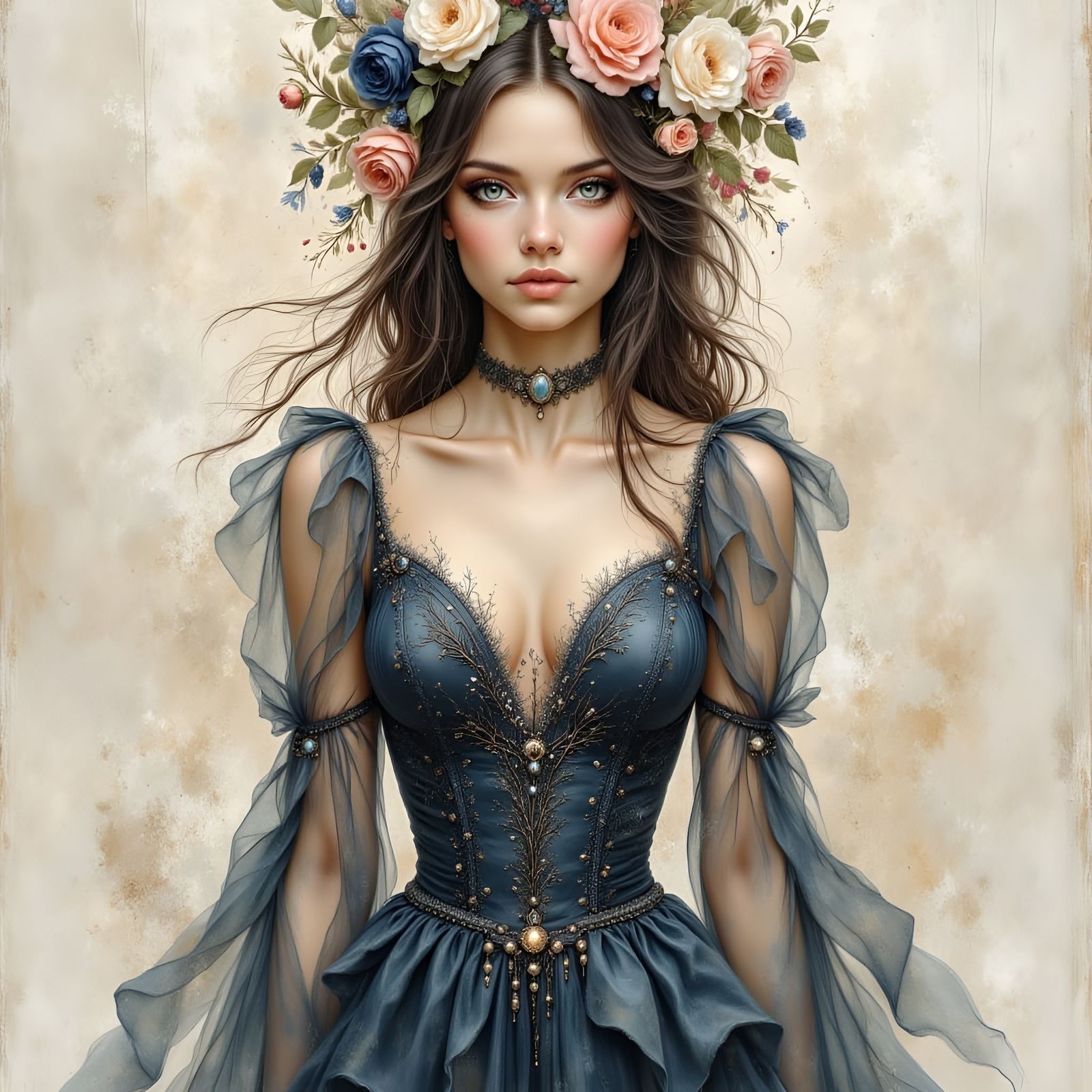 Elegant Portrait of DG in Midnight Blue Gown with Rose Crown