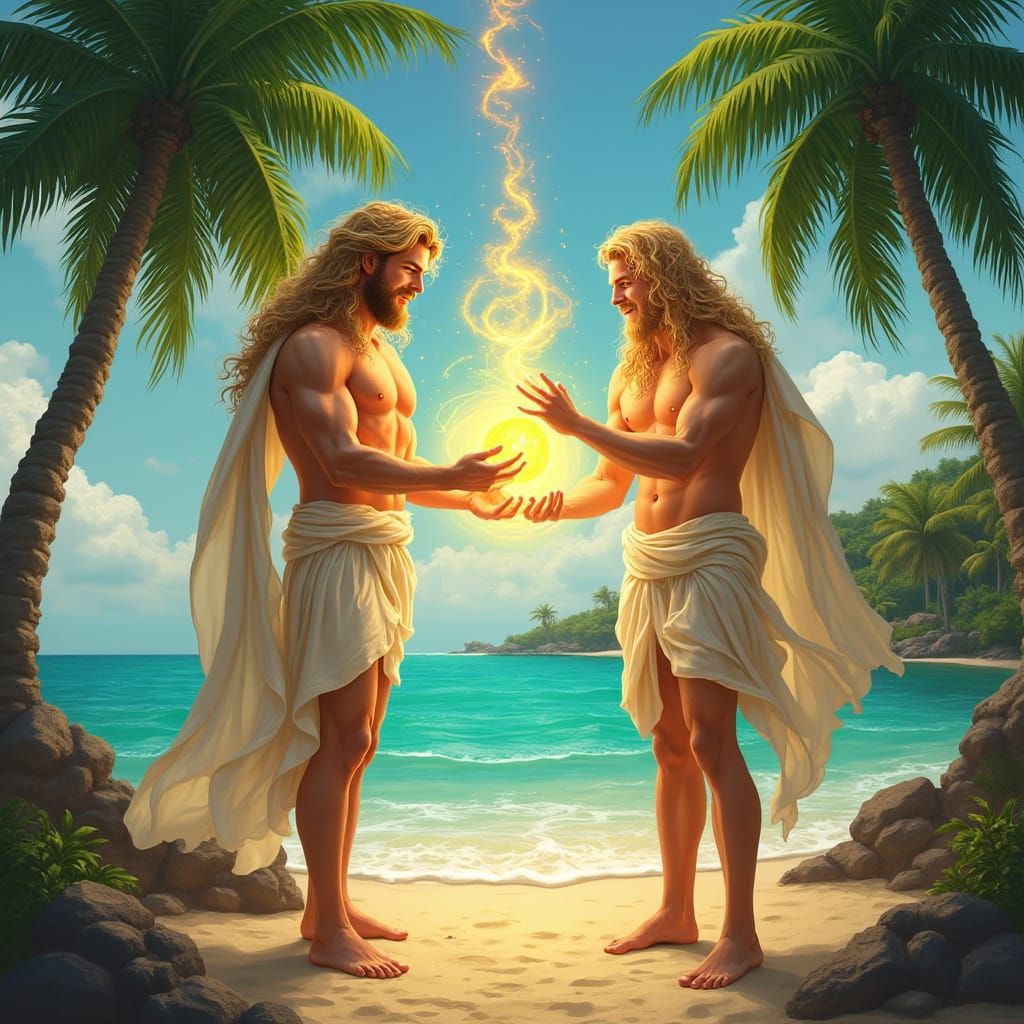 Sun God Learns Ancient Secrets in Vibrant Beach Scene