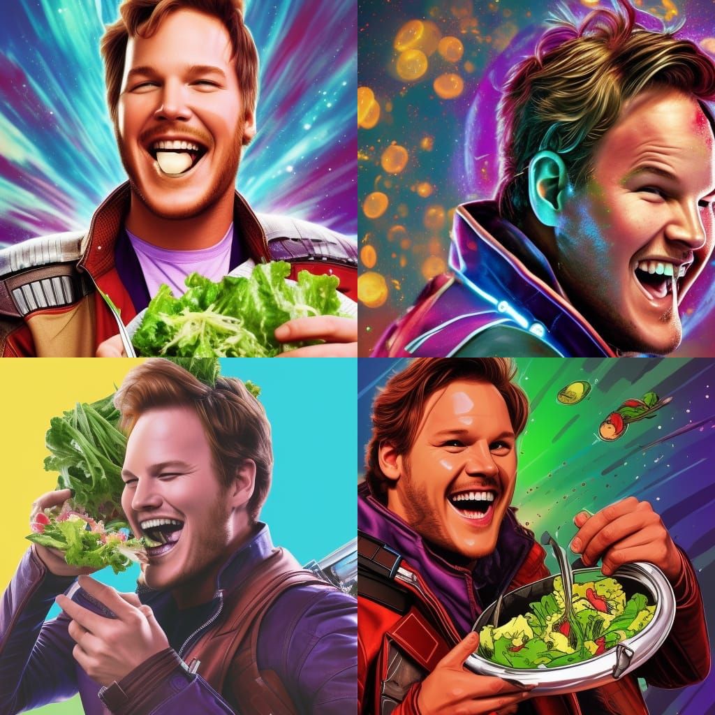 Starlord Laughing Eating Salad in Splash Art Style