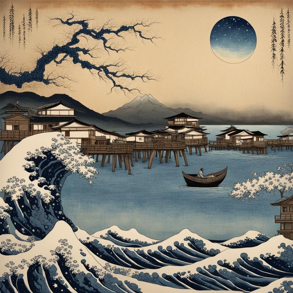 Japanese Village Under Starry Skies in Ukiyo-e Style