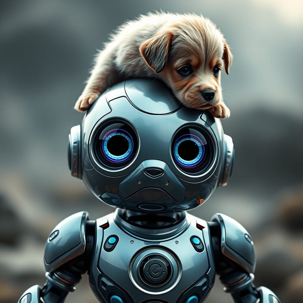 Cute Robot and Fuzzy Puppy Digital Painting