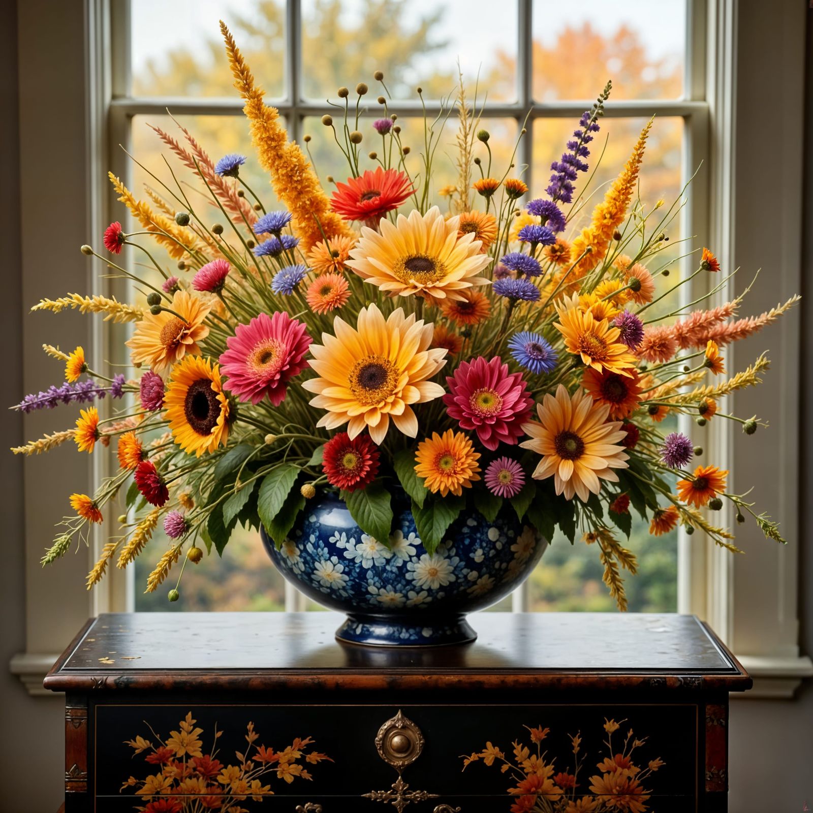 Vibrant Fall Flower Arrangement in Ceramic Bowl