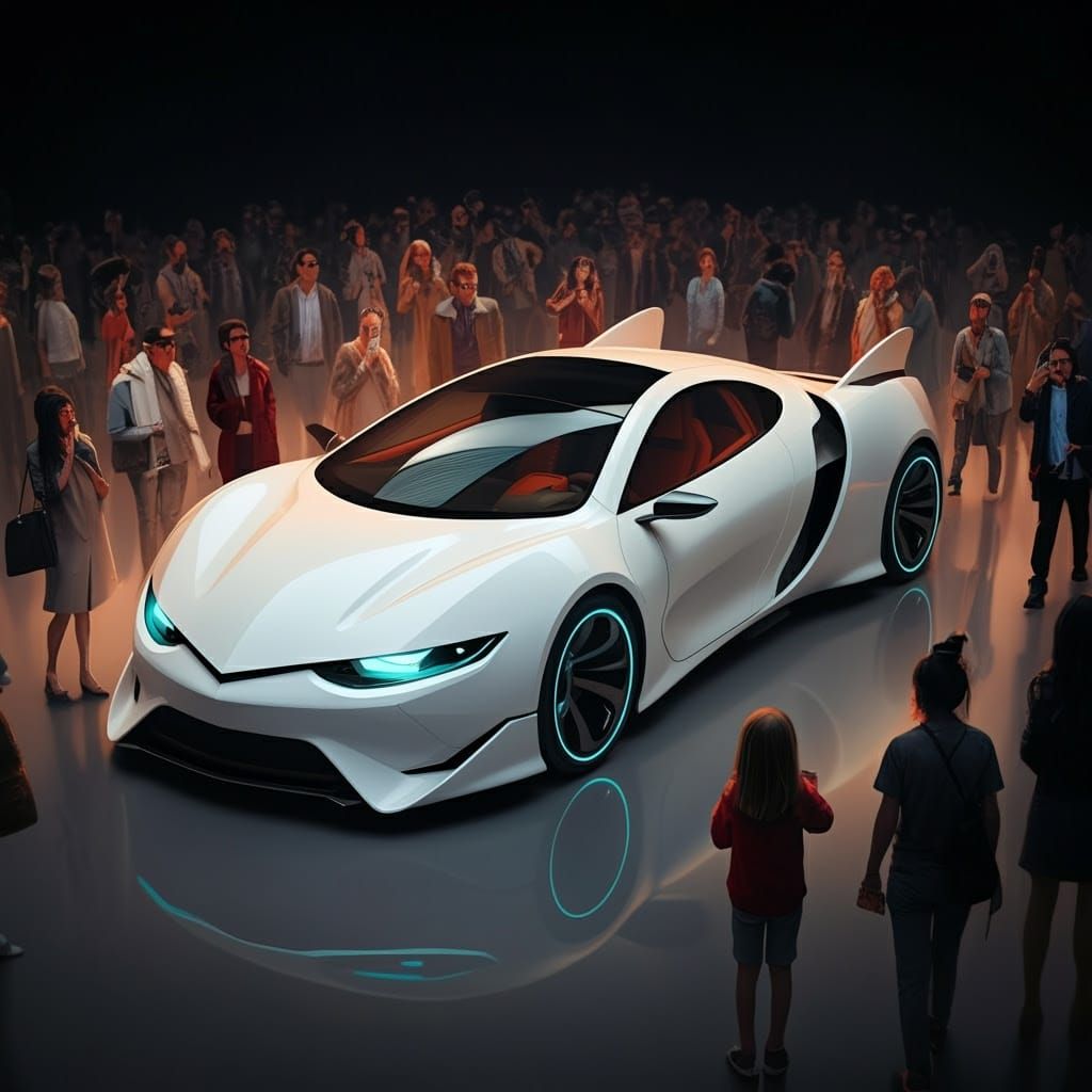 Futuristic Cat-Shaped Car Enthralls Crowd in a Vibrant, High...