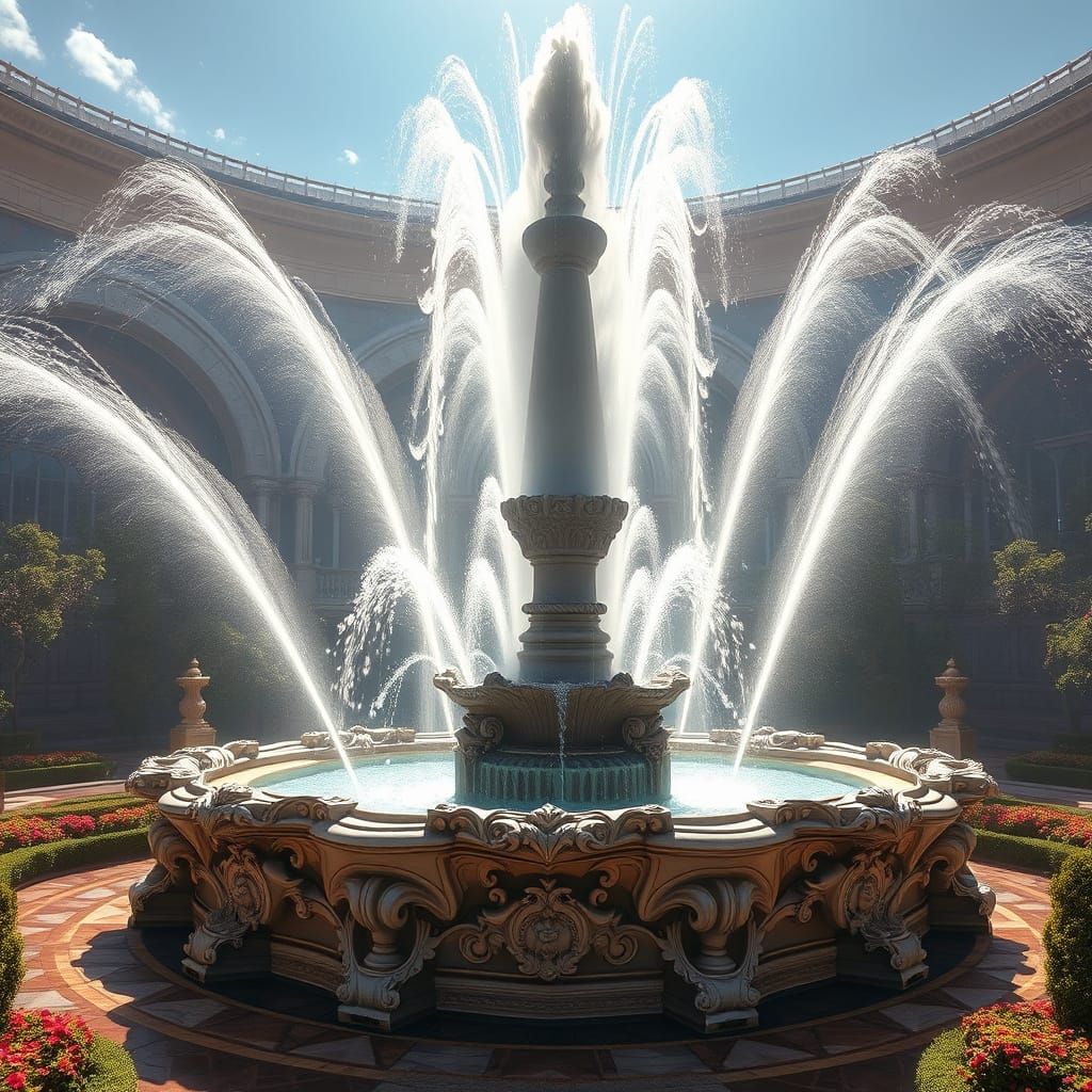 Opulent Garden's Majestic Fountain with Radiant Arcs