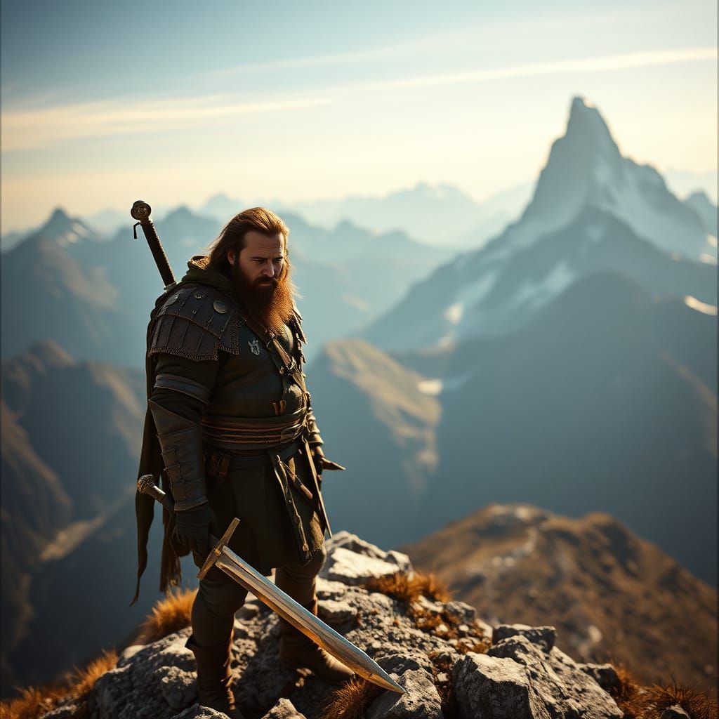 Medieval Fantasy Adventurer in Majestic Swiss Alps Landscape