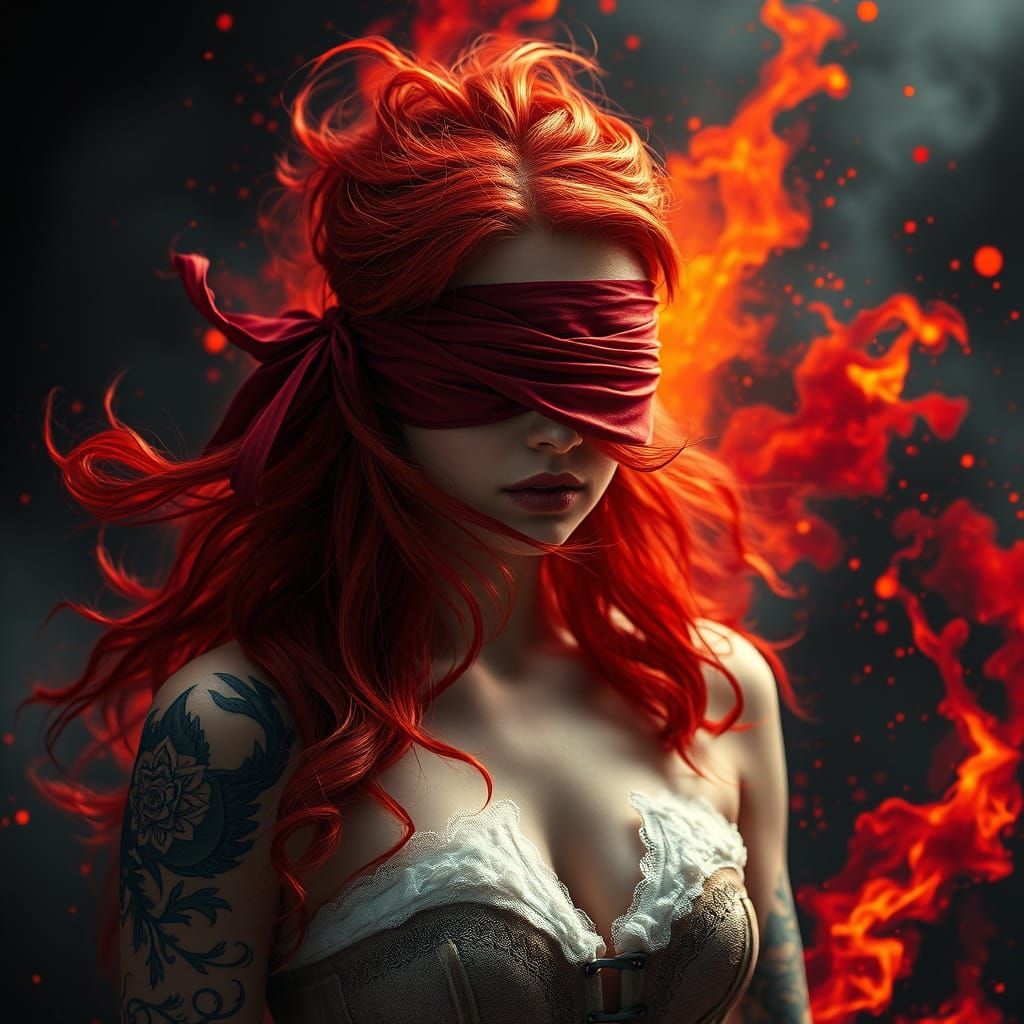 Elegant Woman with Fiery Red Hair and Flame-Like Tattoos