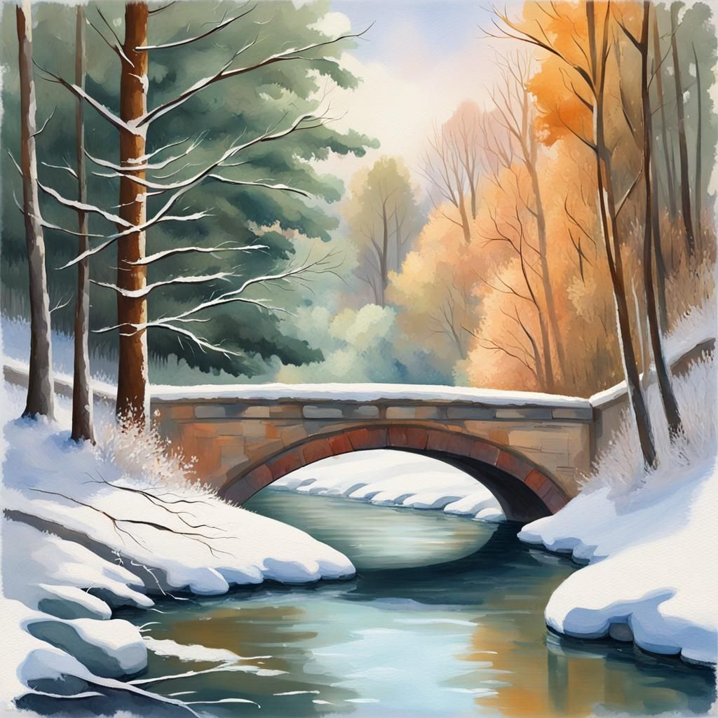 Snowy Bridge in Gouache and Watercolor Style
