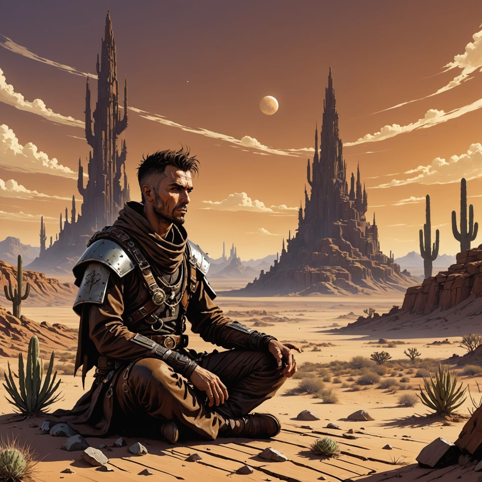 Dieselpunk Djinn Meditating in Desert Landscape