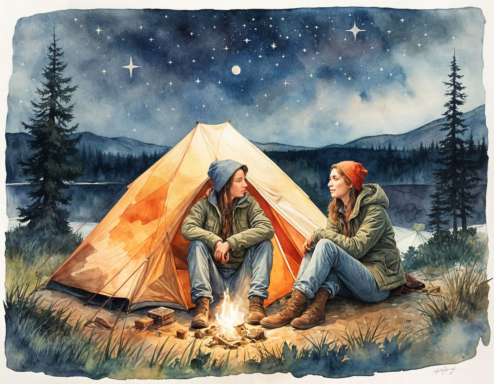Lesbian Couple Camping Under Stars: Watercolour Illustration