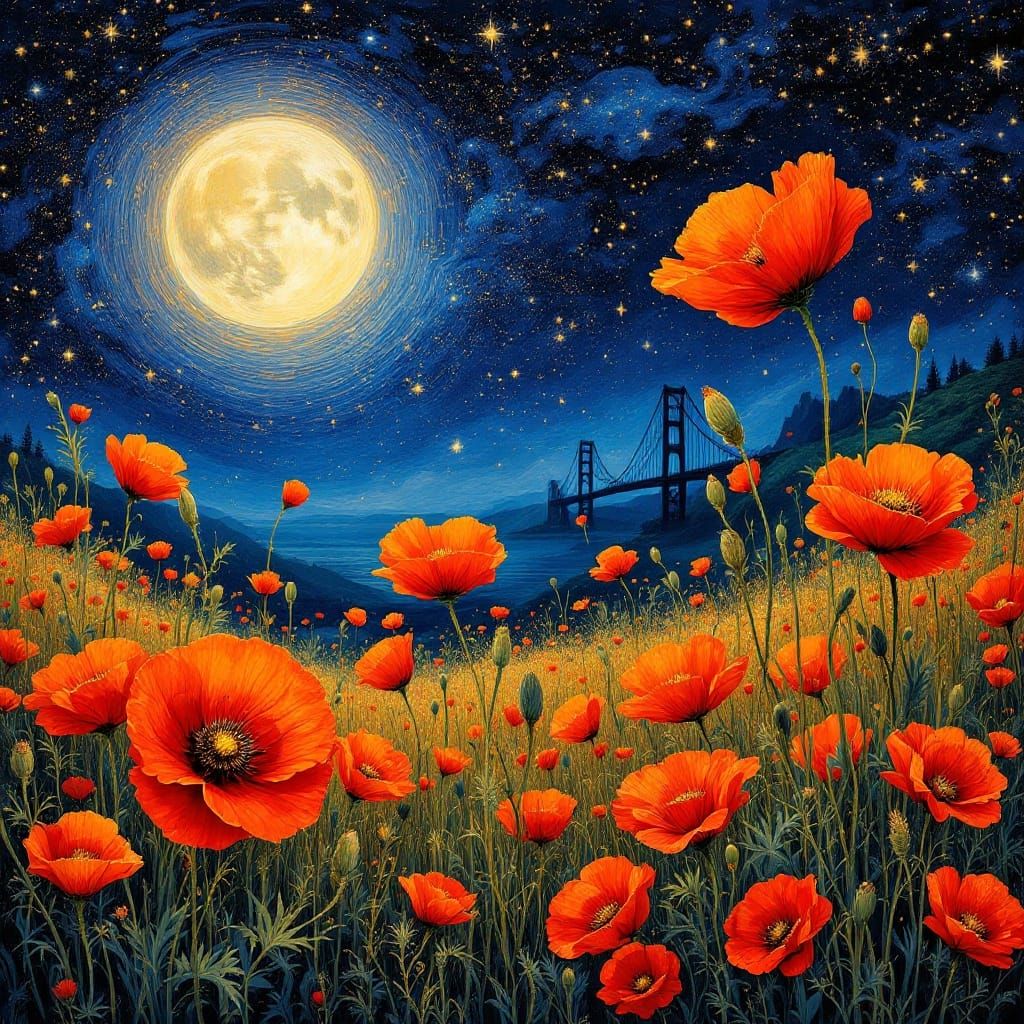 Poppy Meadow Under Starry Sky, Expressive Art