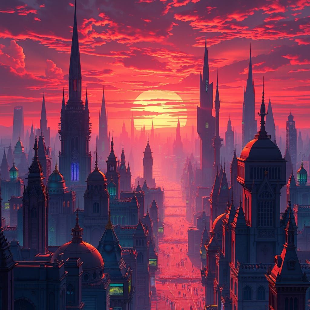 Surreal Cityscape Under Vibrant Sunset
