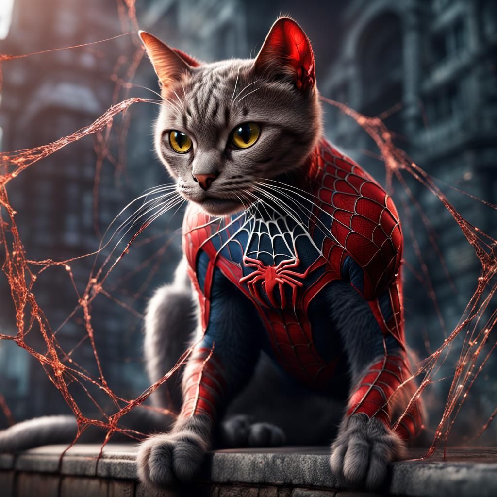 Spider-Man Cat with Cobwebs in Detailed Painting