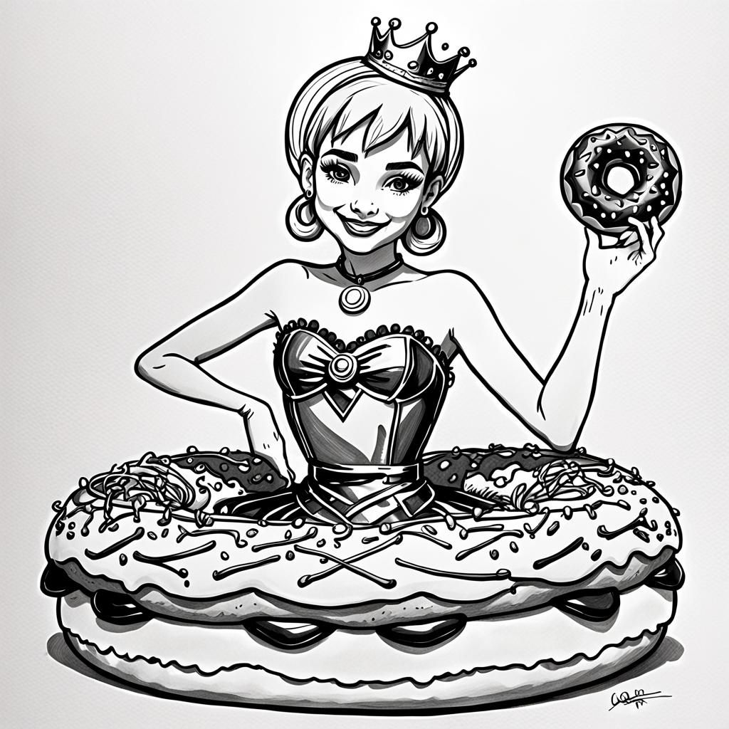 Anthropomorphic Doughnut Queen in Line Art Sketch