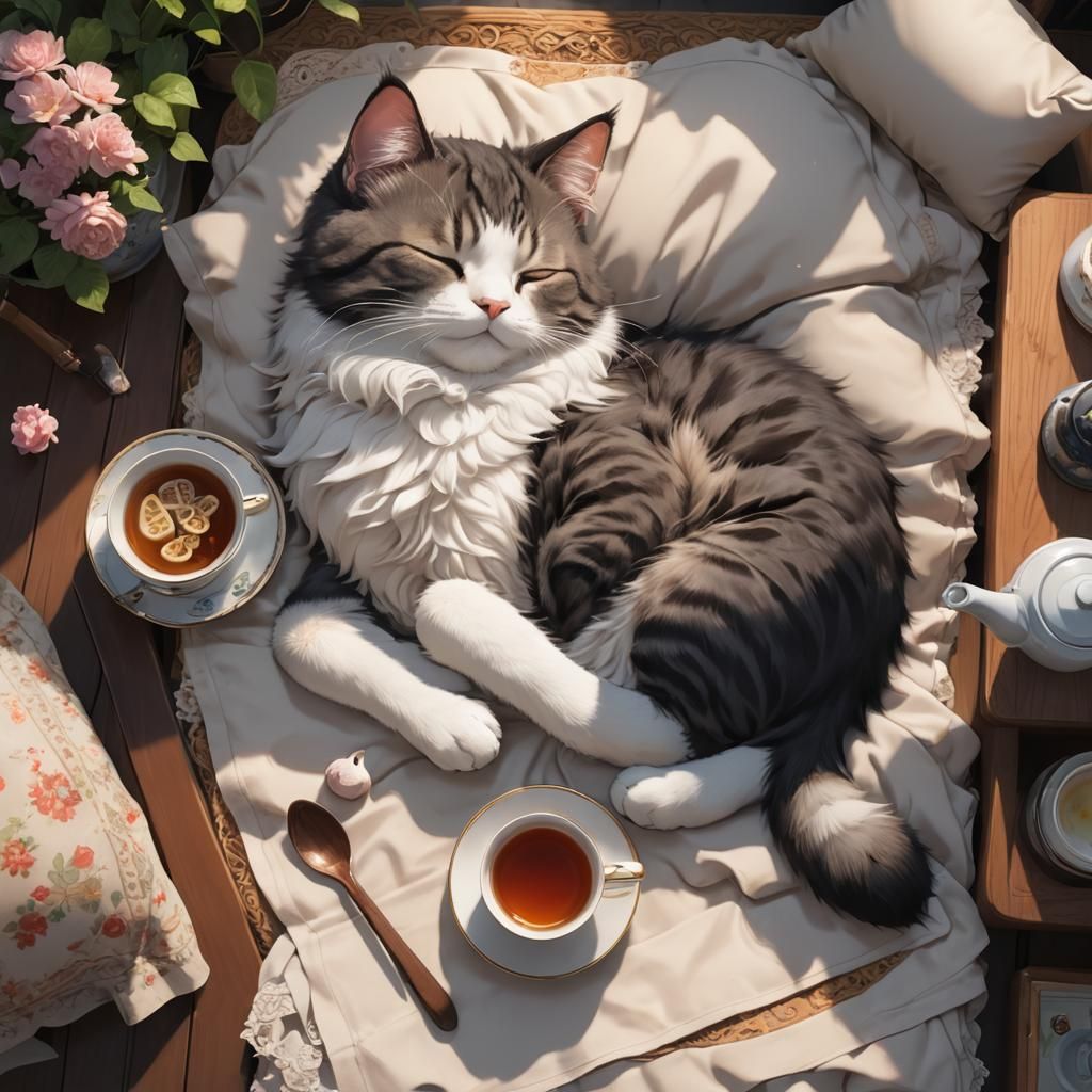 Cat Nap with Tea: Detailed 3D Anime Art