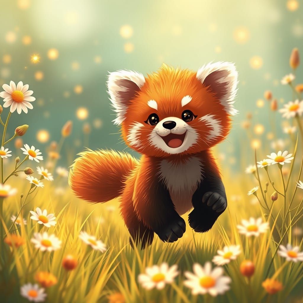 Whimsical Baby Red Panda in a Sun-Drenched Meadow