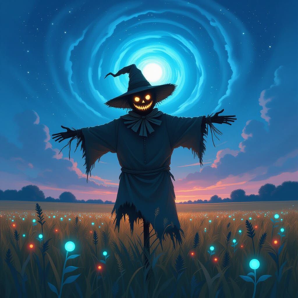 Ancient Scarecrow Under Cosmic Sky, Digital Painting