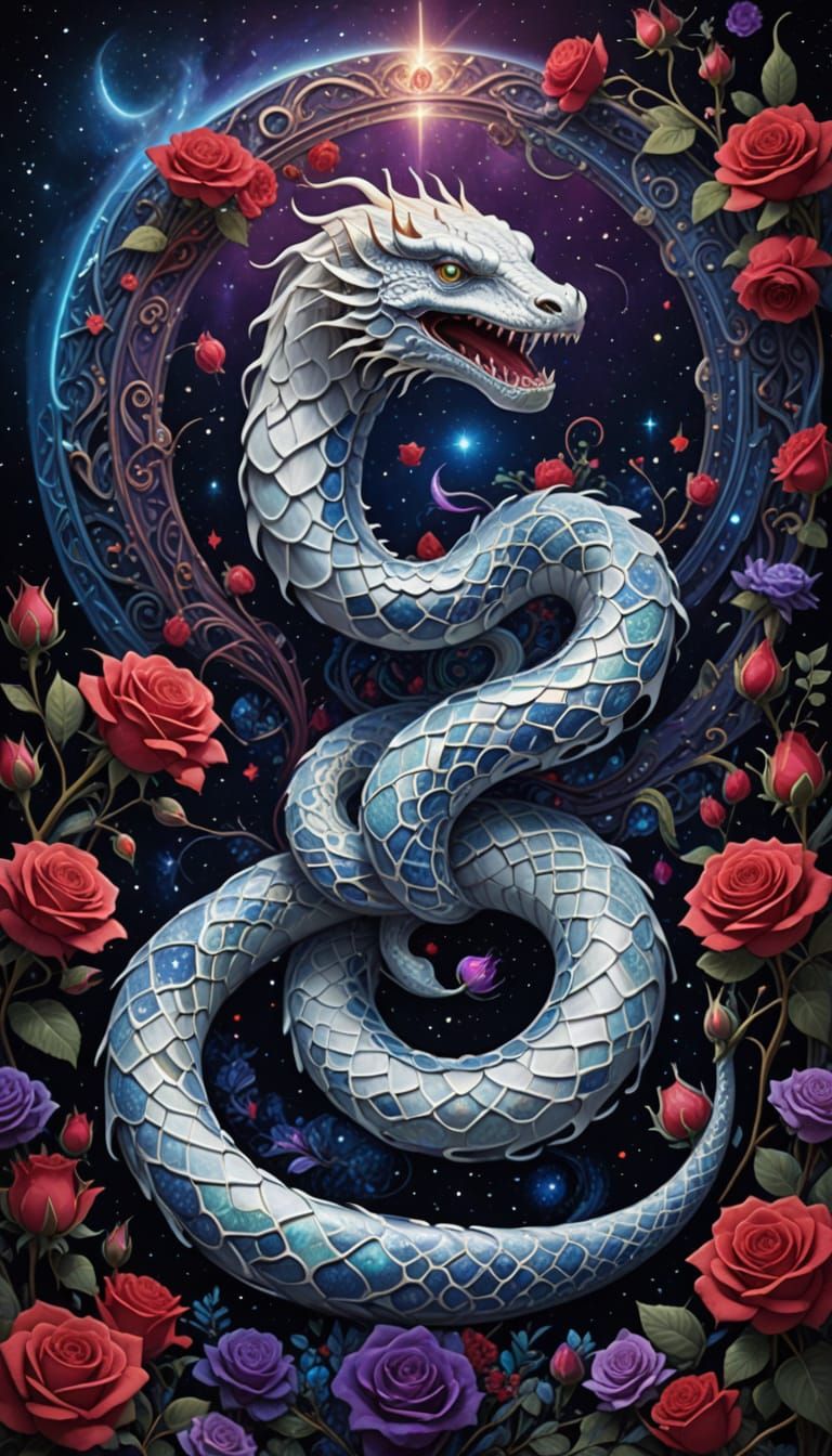 Majestic White Serpent in Dark Red Rose Halo