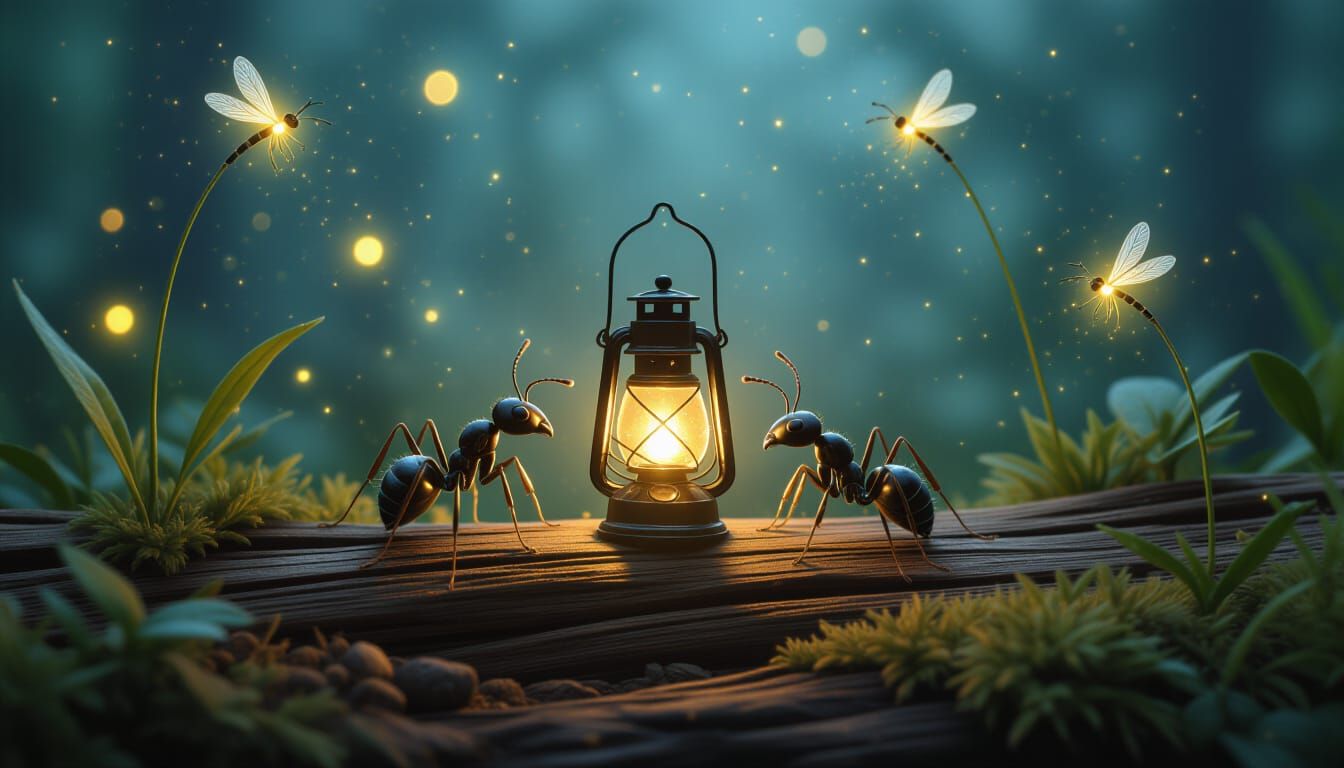 Adorable Ants With Glowing Lantern in Misty Night