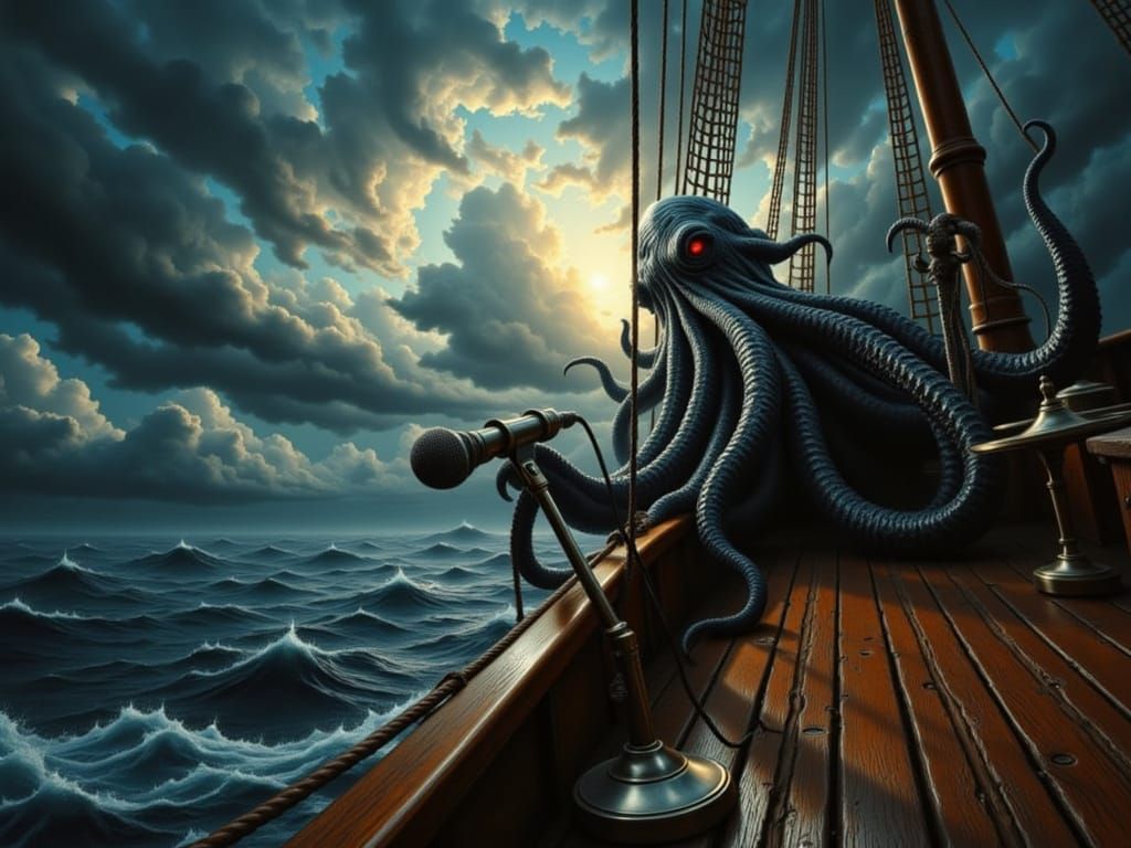 Cthulhu Sings on Pirate Ship, Moody Oil Painting