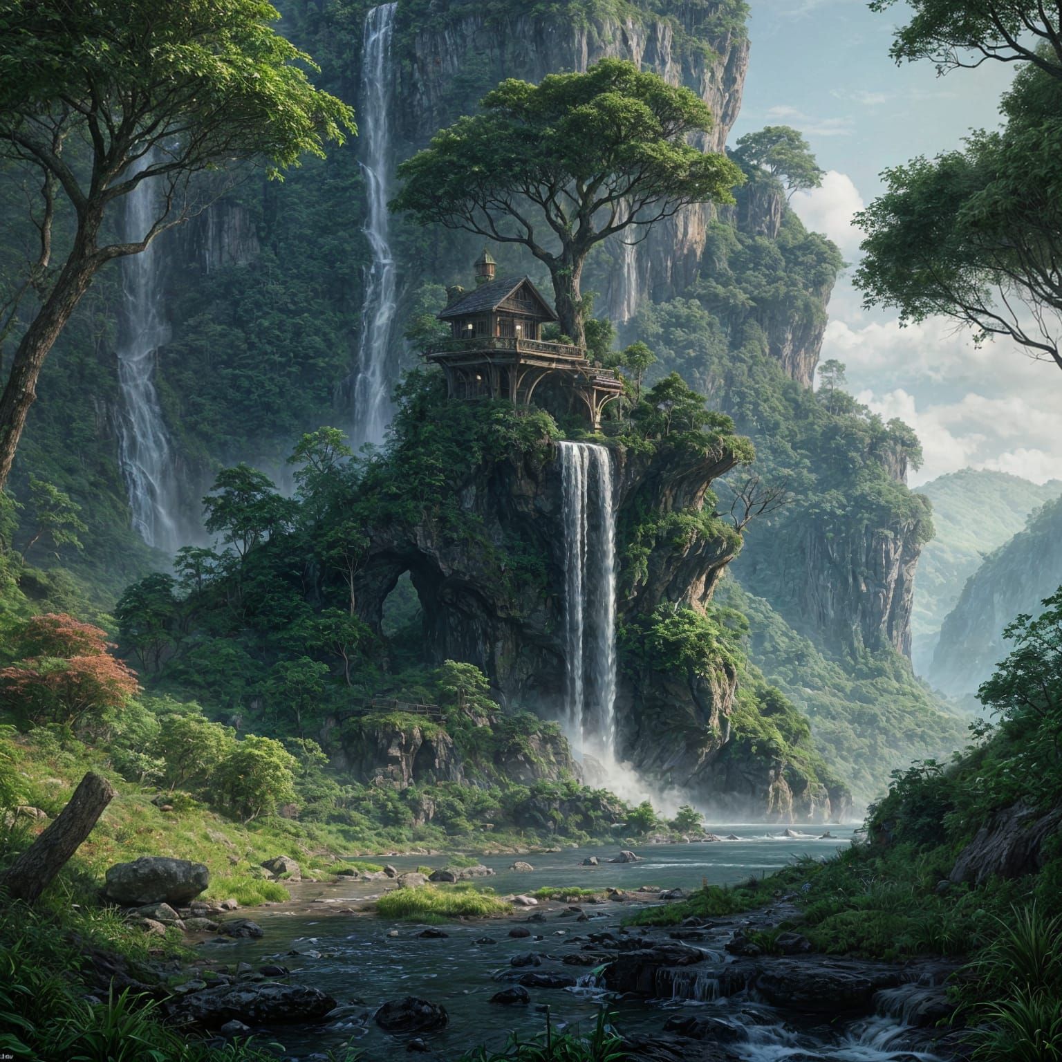 Ethereal Waterfalls in Whimsical Forest