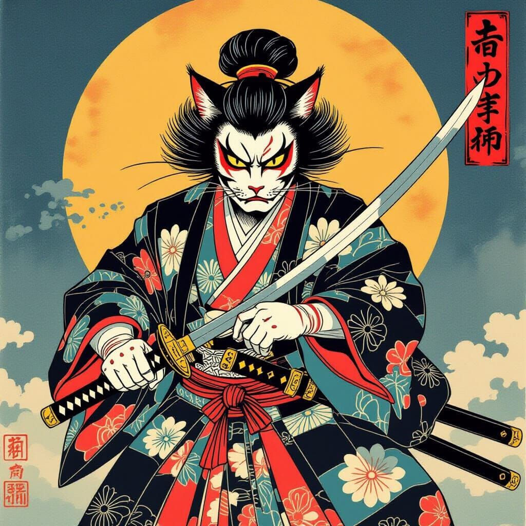Kabuki Cat Demon in Ukiyo-e Style