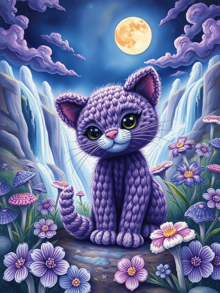 Whimsical Amigurumi Kitten in Dreamy, Impressionist Landscap...