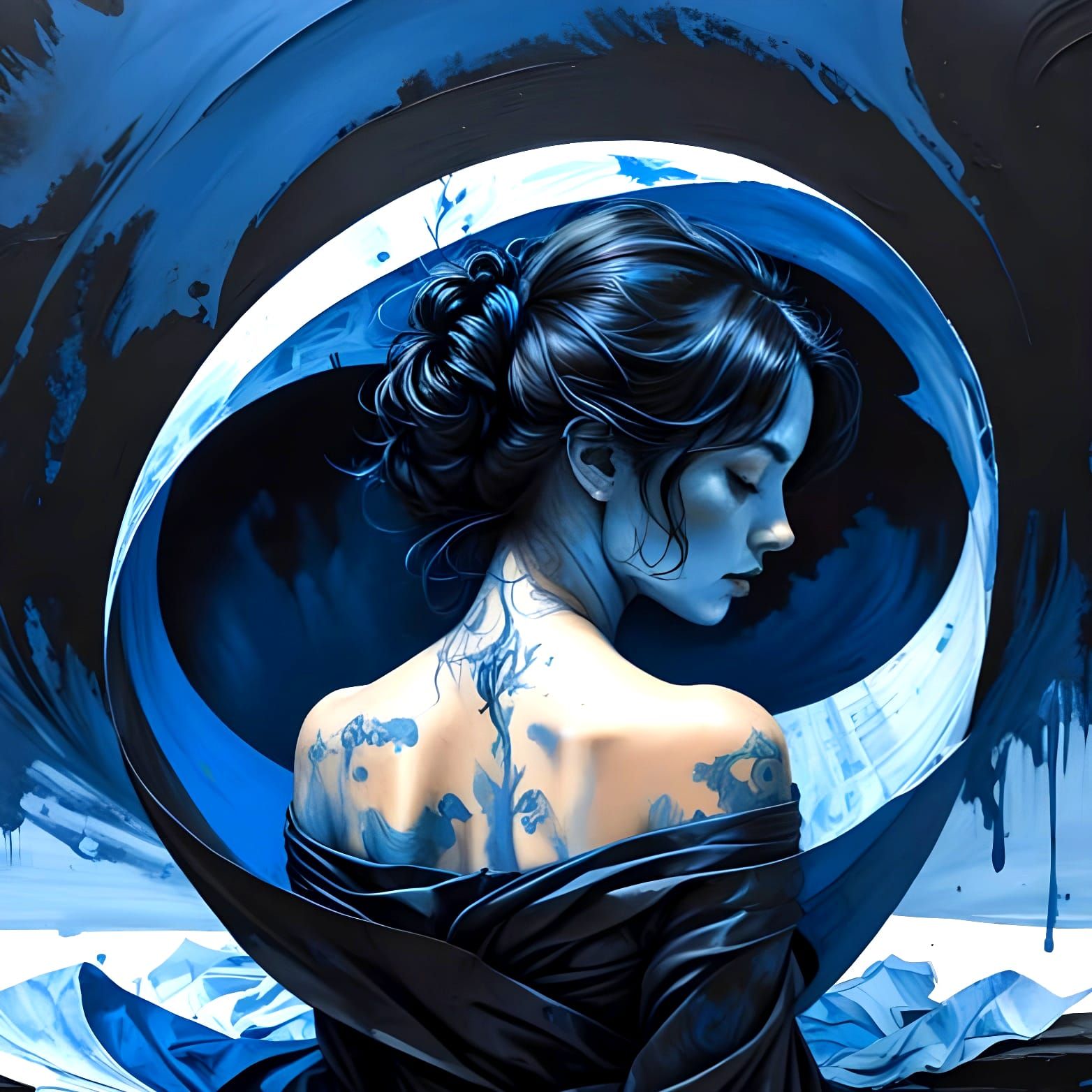 Blue and Black Ink Curves as Oil Painting