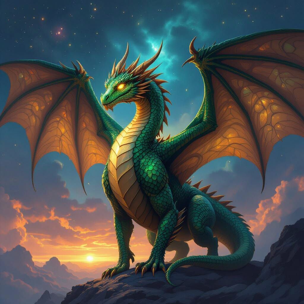 Majestic Dragon with Emerald Scales in Twilight Nebula Sky