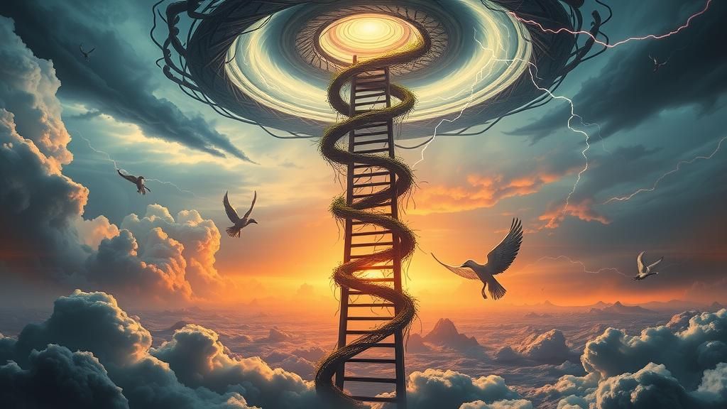 Spiraling Ladders Ascend Through Storm to Sky